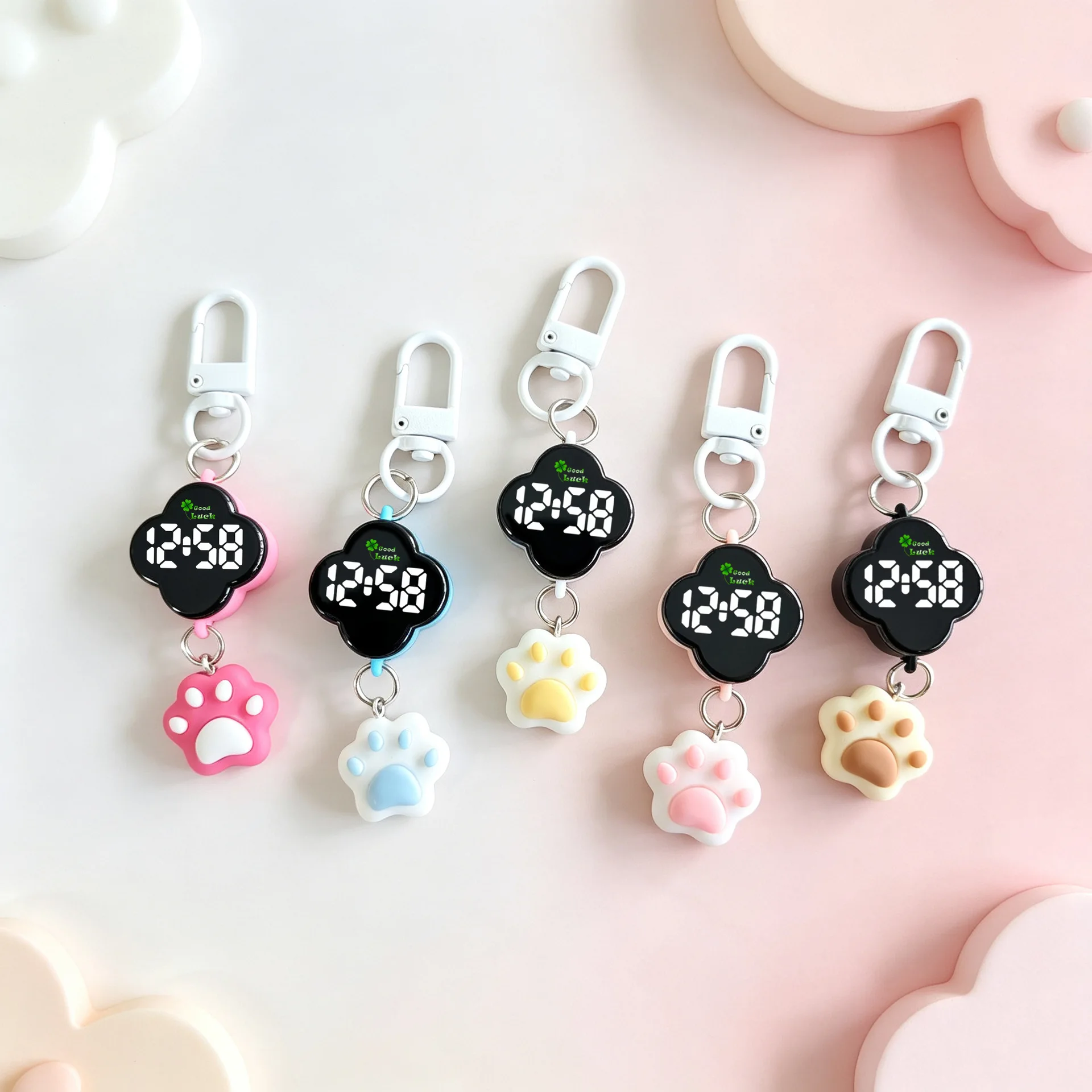Cute Cat Paw LED Keychain Watches Women Four Leaf Clover Digital Hanging Clock Backpack Pendant Watch for Students Kids