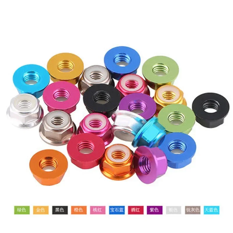 

THRZXSQ 2pcs M4 Multi-color aluminum alloy flange nut Nylon ring Anti-loose flanges screw nuts