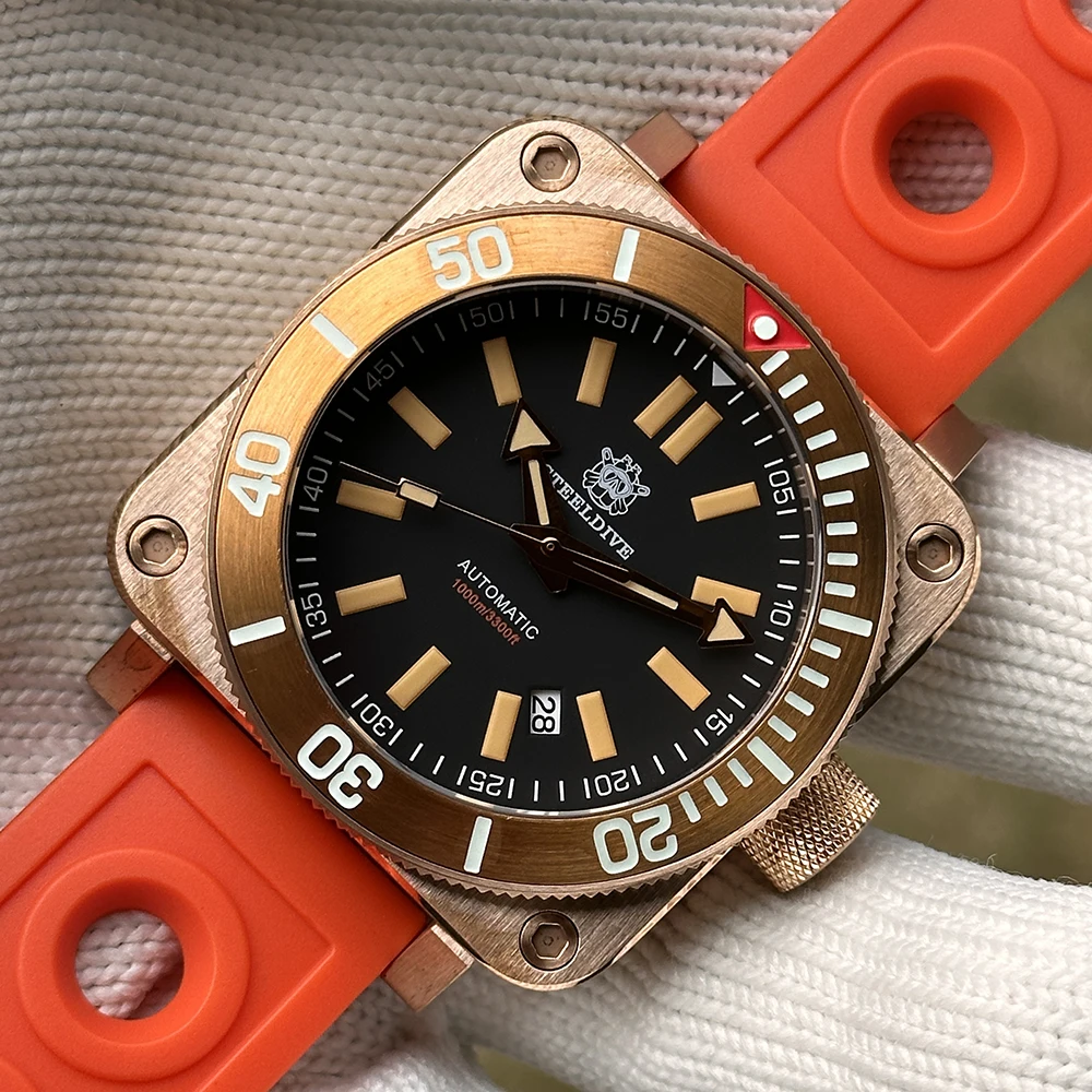 STEELDIVE 남성 다이버 시계 45mm 청동 사각 자동 기계식 손목시계 100Bar 방수 발광 사파이어 미러 NH35
