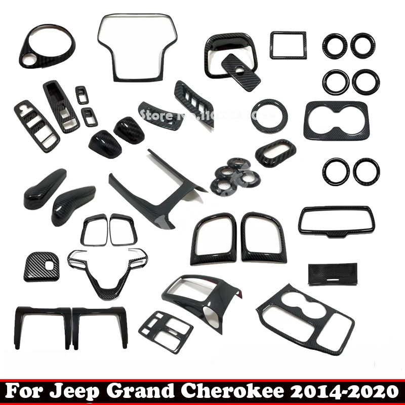 Für Jeep Grand Cherokee WK2 2014-2020 ABS Carbonfaser Auto-Türgriff Fensterheber-Knopf Getriebebox Lenkrad Klimaanlage Lüftungsabdeckung
