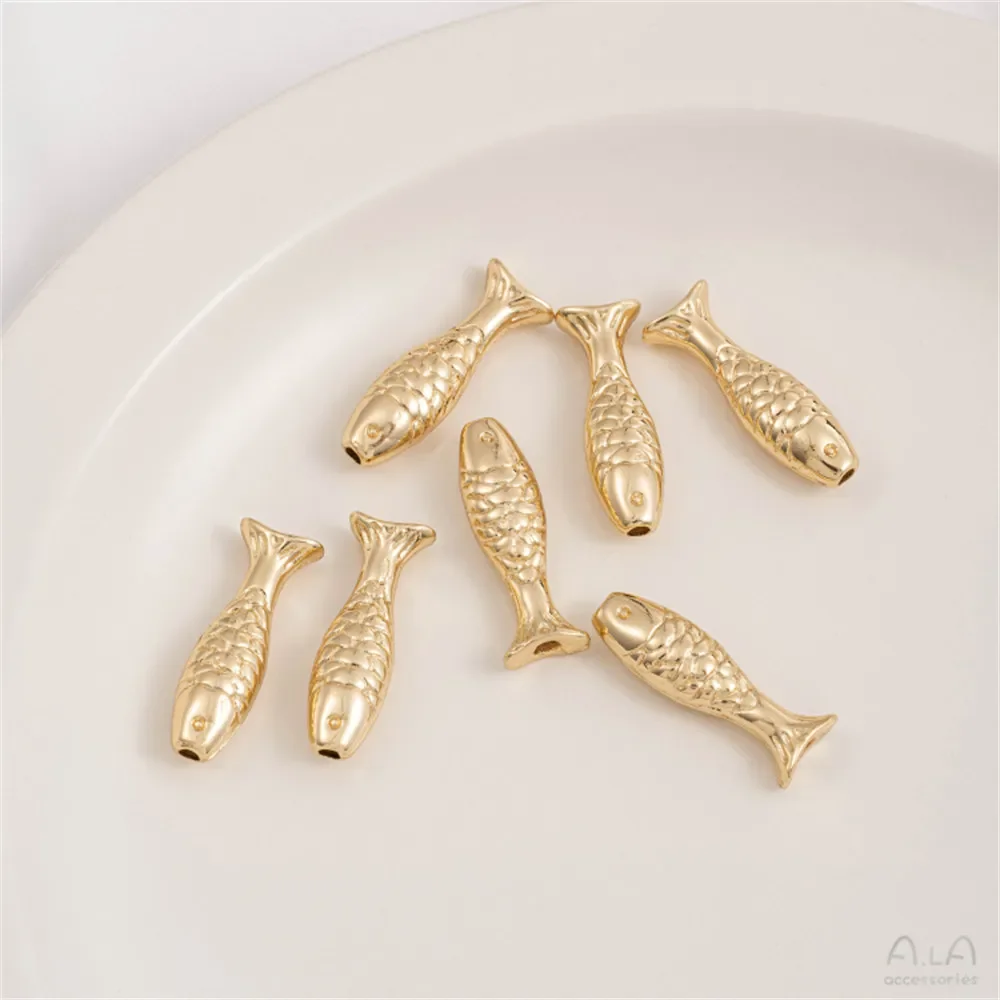 24x7mm 14K Gold Color Plating Fish Shaped Tube Through-hole Separated Bead Handmade DIY Bracelet Necklace Accessory Materials