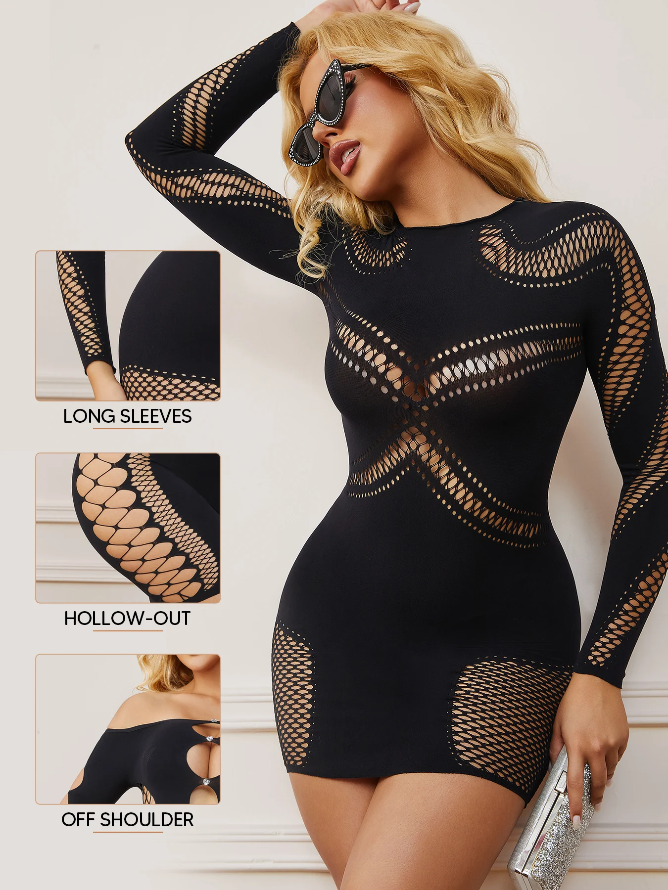 여성 섹시 클럽 미니 드레스 레이스 베이비돌 하이넥 긴팔 컷아웃 숏 바디콘 드레스