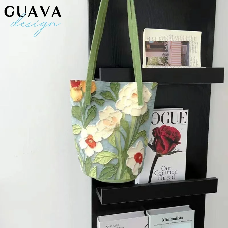 

Women's Large Capacity Summer Floral Oxford Bucket Bag Casual Fashionable Shoulder Bag with Oil Painting Flower Design Handbag