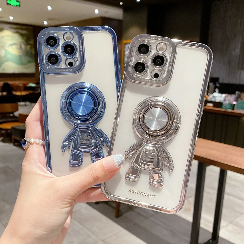 Soft Electroplated Astronaut Phone Case For iPhone 11 12 13 Pro Max XS X XR 7 8 Plus Stand Ring Silicone Transparent Cover