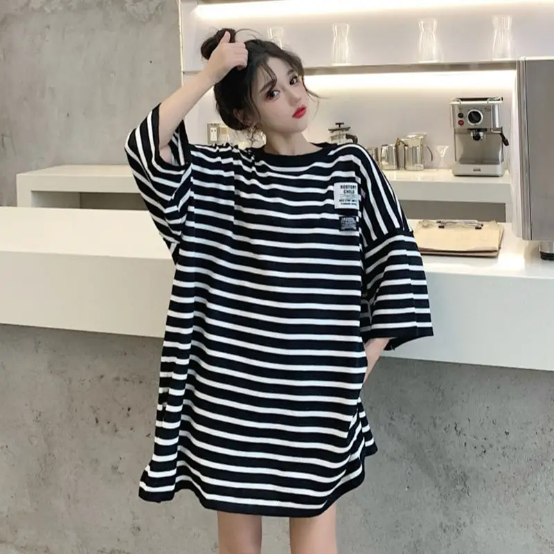 Striped Plus Size Casual SimplicityT Shirt Summer Fashion Korean Short Sleeve O-Neck Medium and Long T-shirt Skirts Streetwear