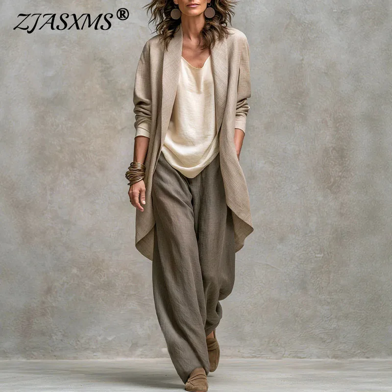 New Women Lightweight 3 Piece Outfit Open Front Long Coat + Top + Wide Leg Pants Set Casual Office Autumn Bohemian Matching Suit