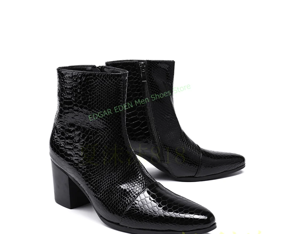 Fashion Snakeskin Pointed Toe Men Leather Ankle Boots Side Zipper Spring Autumn Male Wine Red Black Office Dress Formal Shoes