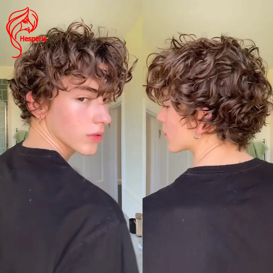 

Hesperis Short Curly Cut Human Hair Male Wigs With Bang Brown Curly Pixie Cut Lace Front Wigs For Men Glueless Man Lace Wigs