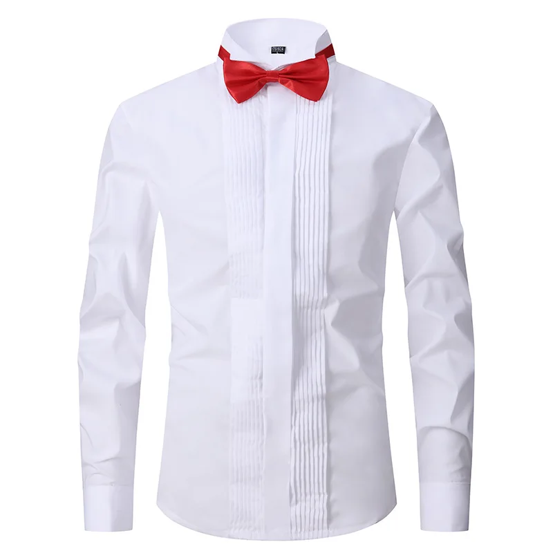 Tuxedo Shirt for Men French Cuff Buttons Wing Tip Weddding Bridegroom Shirts White Black Red with Bow-tie