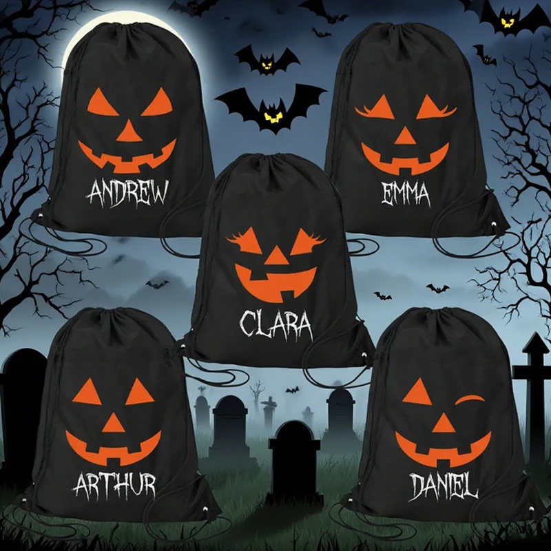 

Personalized Name Black Unique Halloween Party Drawstring Gift Bag Custom Spooky Pumpkin Face Candy Backpack Festival Decoration