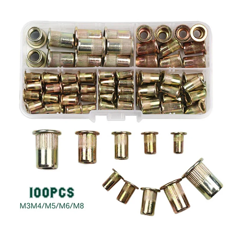 100pcs Zinc Plated Rivet Nut M3 M4 M5 M6 M8 Carbon Steel Rivet Nut Knurled Nuts Flat Head Rivet Insert Nutsert or 1pc Nuts Gun