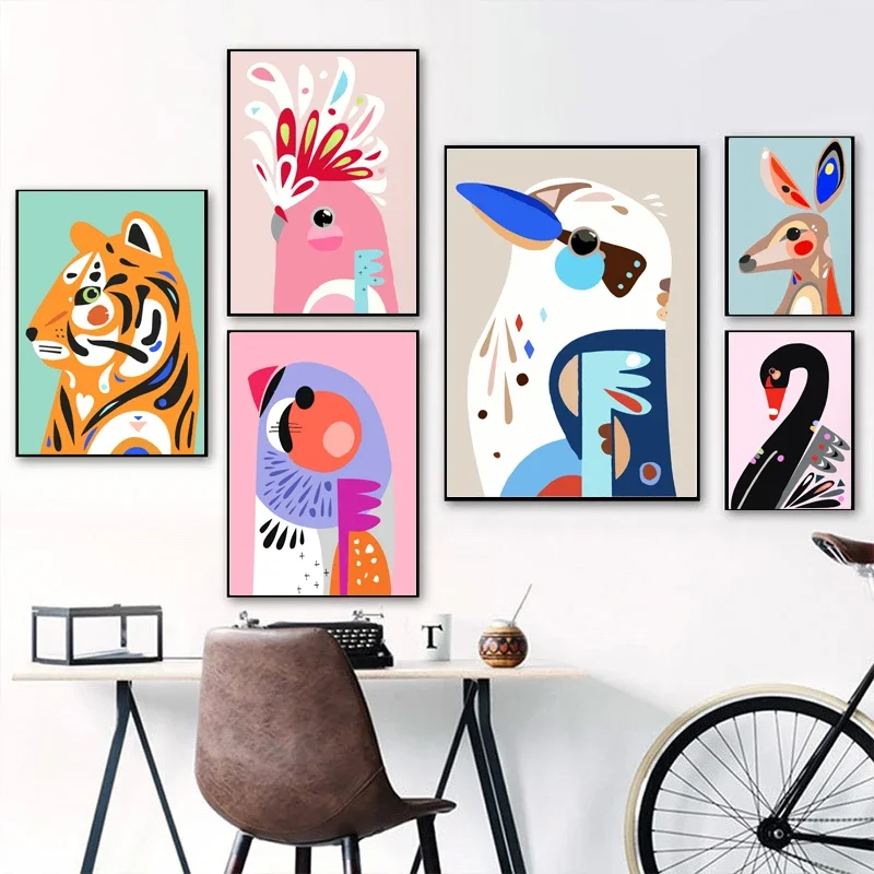 Colorful Tigher Koala kangaroo Bird Swan Wall Art Canvas Painting Nordic Posters And Prints Wall Pictures For Living Room Dec