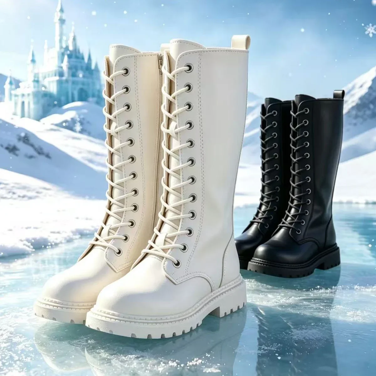 Girls High-top Boots Children Shoes Kids Boots PU Leather Tall Boots Black White for All Seasons with Side Zipper Laces Princess