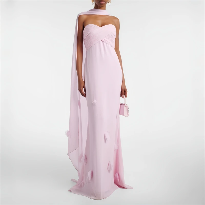

Elegant Pink 3D Flower Chiffon Prom Dresses Strapless Formal Evening Gown with Scarf Customized Wedding Party Women's Maxi Dress