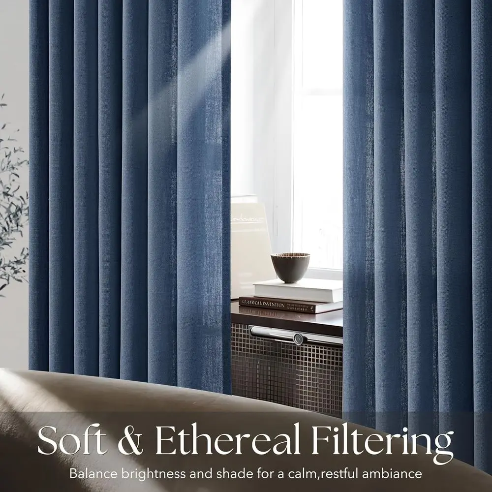 Rideaux en lin plissés bleu marine, longueur 84, ensemble de 2 panneaux pour le salon, filtrage de la lumière, semi-transparent, avec crochets, adaptés