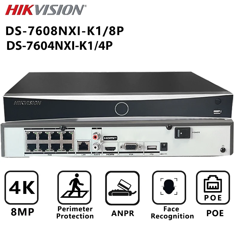 Hikvision DS-7608NXI-K1/8P DS-7604NXI-K1/4P 4/8CH PoE AcuSense 4K NVR Support ANPR Facial recognition perimeter protection CCTV