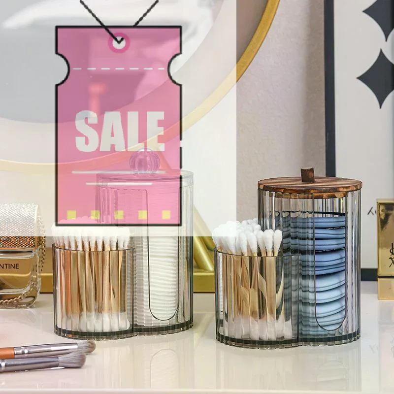 Makeup Pad Holder with Lid Cotton Swab Storage, Bathroom Storage Canister Clear Plastic 2-in-1 Dual Compartment Bathroom Vanity