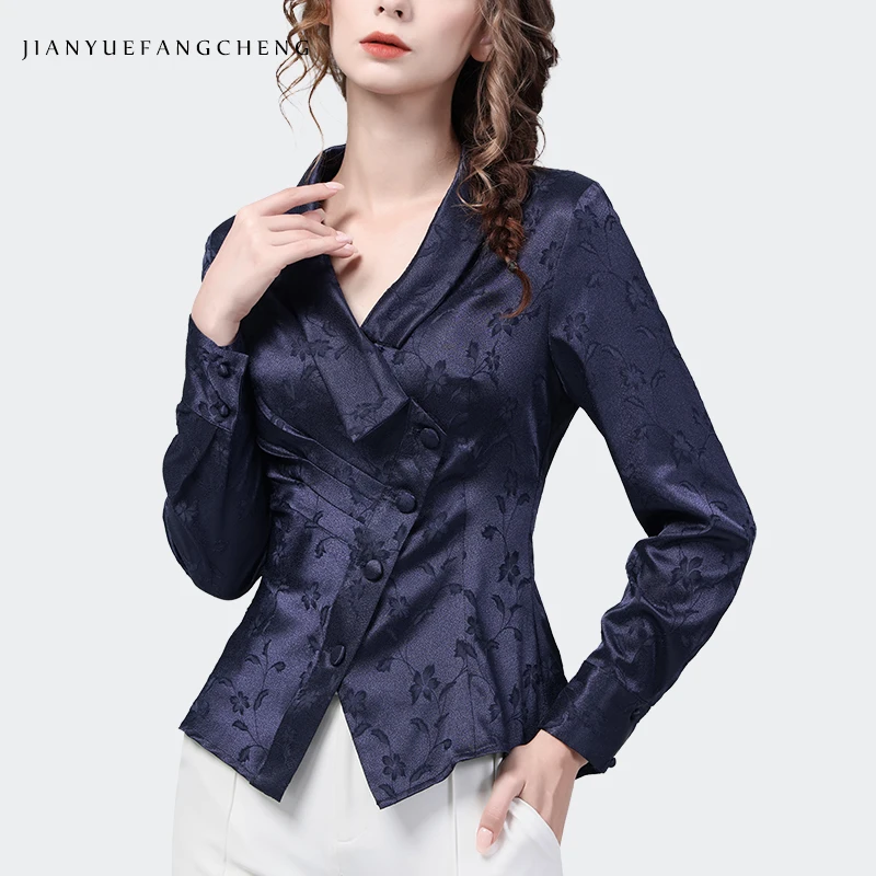 Vintage Women Long Sleeve V-Neck Dark Color Jacquard Satin Blouse Elegant Slim Cinch Waist Short Spring Summer Top Casual Shirts