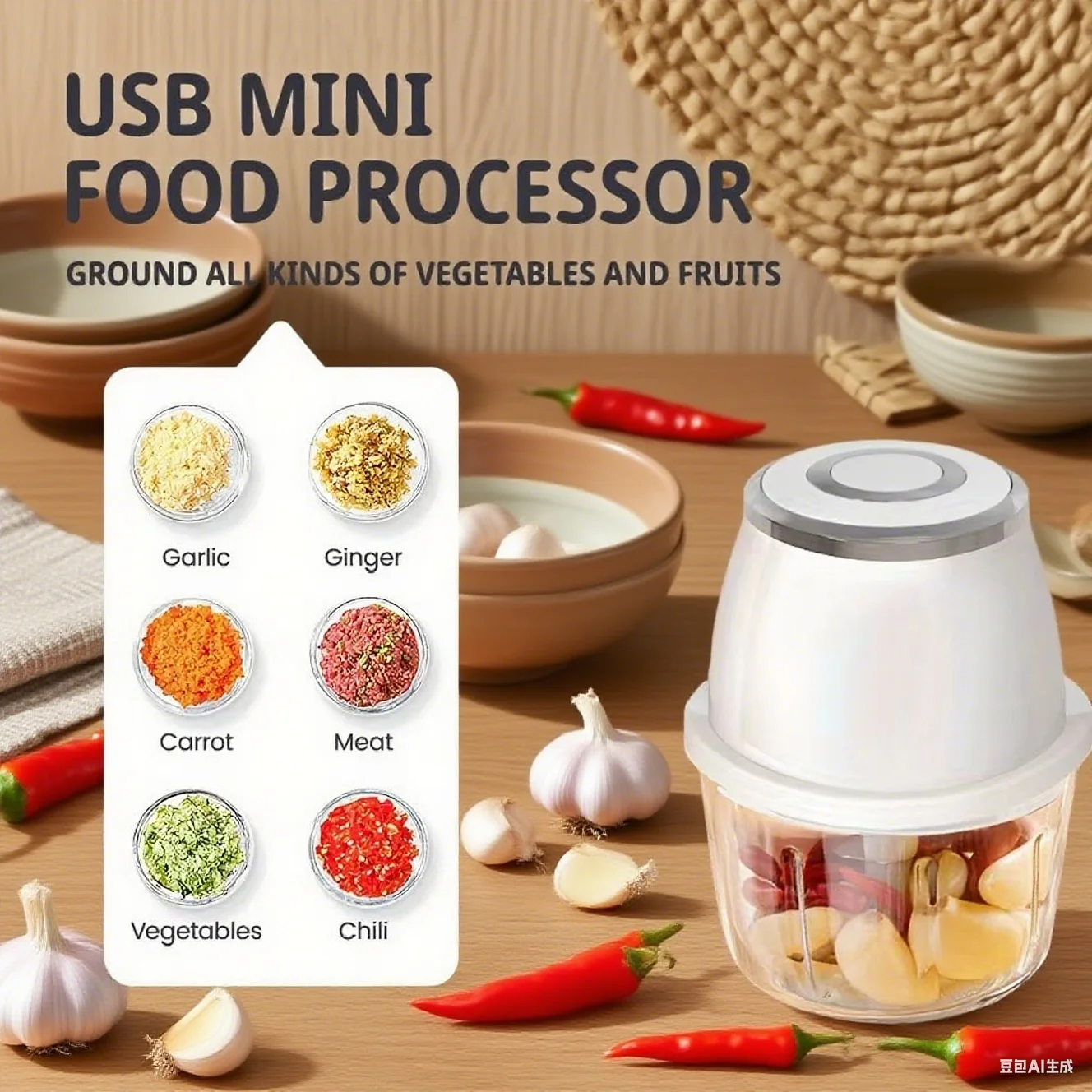 TINSOL 350ML Electric Meat Grinder Food Chopper Garlic Masher USB Multi-Function Vegetable Slicer Blender Kitchen Mixer