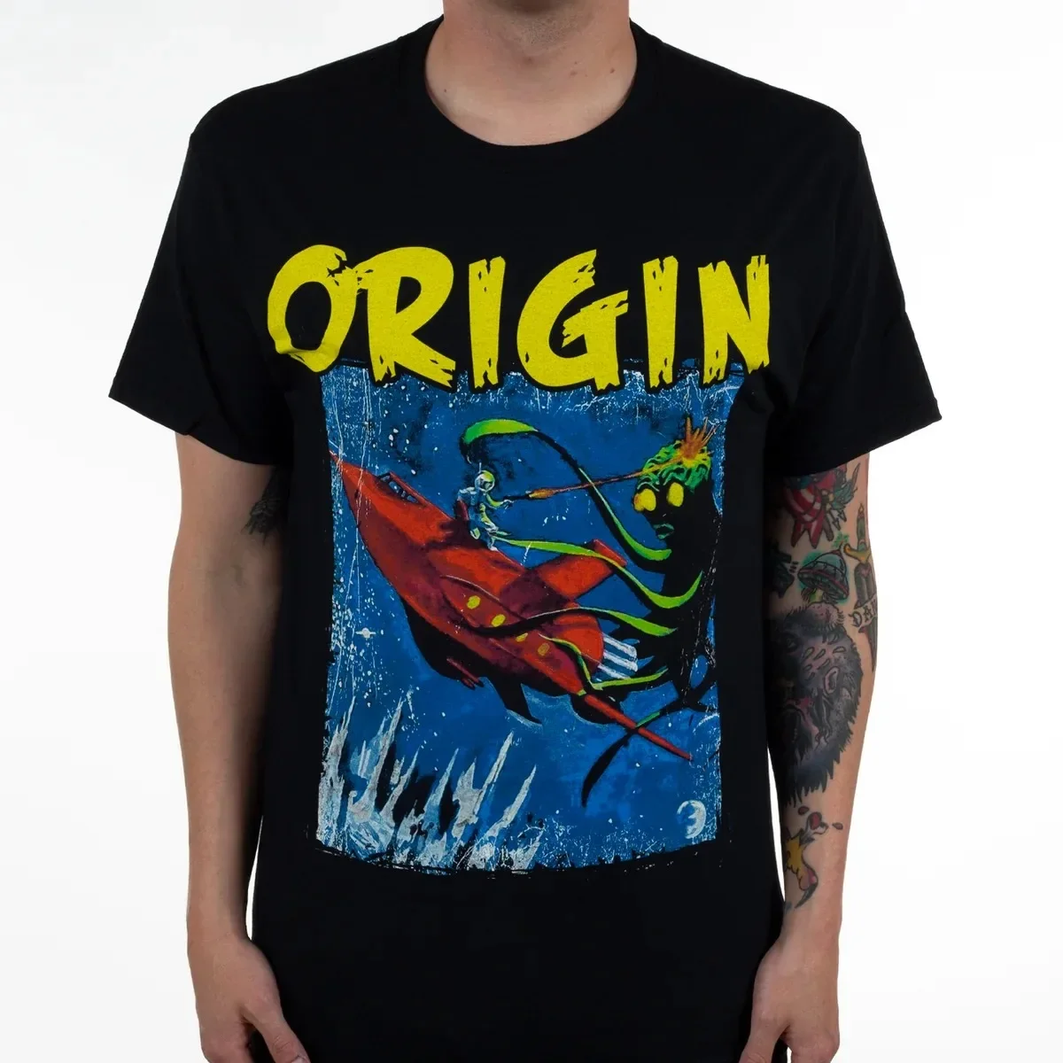 Origin T‑Shirt Retro Dark Woodcut Art Eerie Hooded Bone‑Like Divine Entity Outstretched Hands with Celestial Orbs