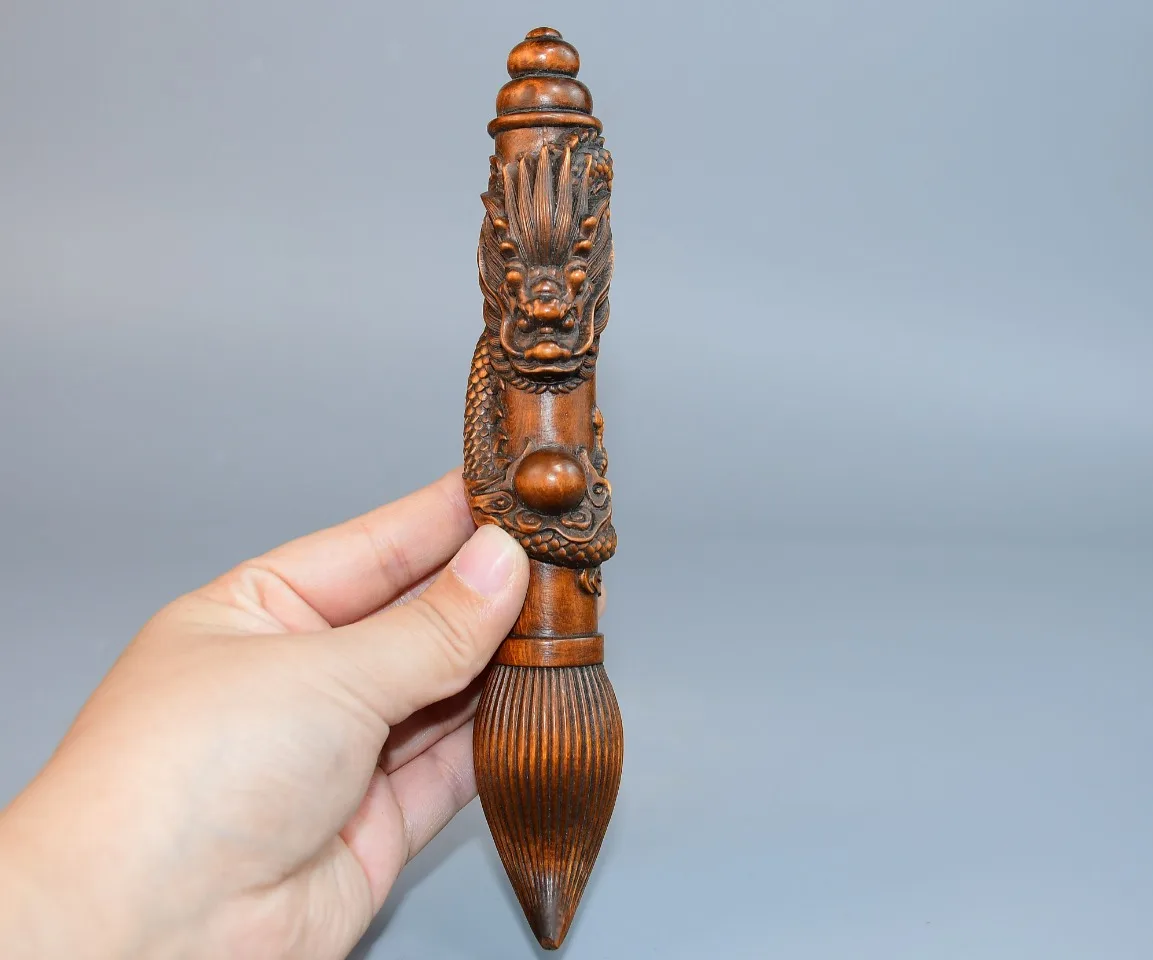 

8"Tibetan Temple Collection Boxwood Dragon patterned brush writing brush Test God Gold list title Gather fortune Ornament