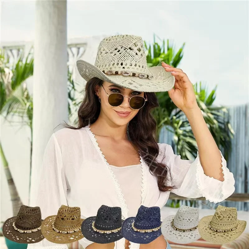 قبعة شمس مصنوعة يدويًا، قبعة واقية من الشمس مجوفة، قبعة بحواف واسعة مع شريط خرز، قبعة من القش للتصوير الفوتوغرافي