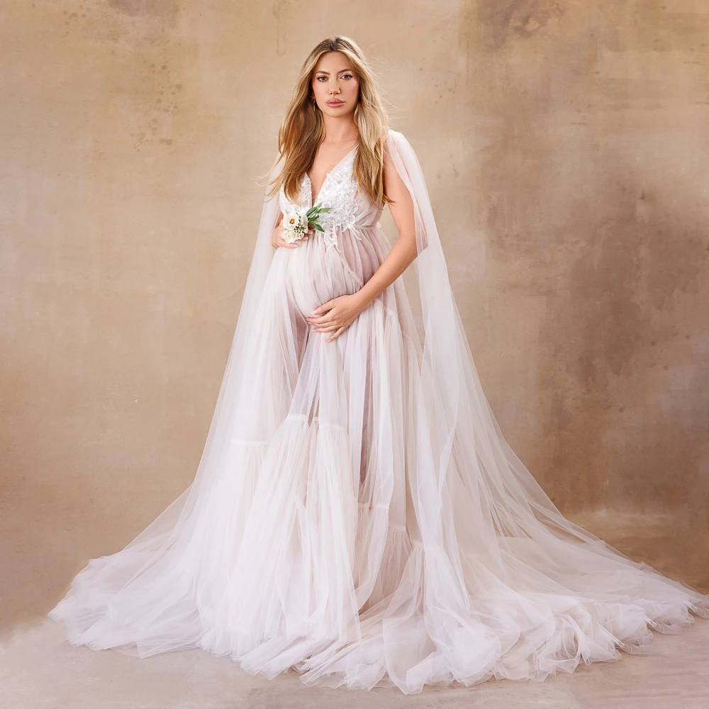 

Women Prom Dresses for Photoshoot Pregnant Lace Applique Sheer Tulle Photoshoot Gown Customized Wedding Party Maternity Robes