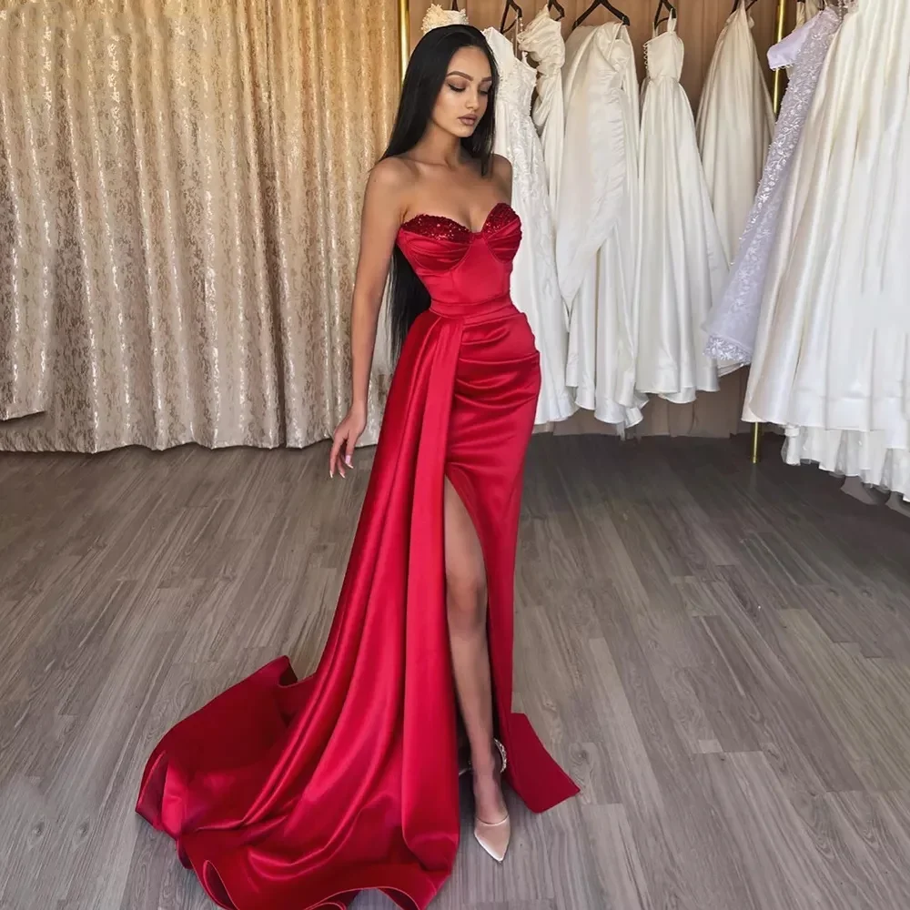 

Flavinke Elegant Wine Red Satin Mermaid Evening Dresses Off Shoulder Side Slit Celebrity Prom Dress Dubai Pleated Formal Gown