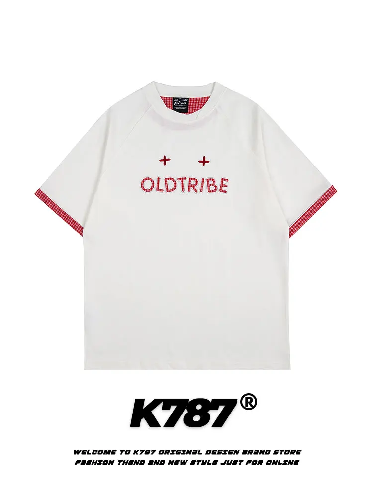 

K787 American Retro Plaid Casual College Sle ort Sve T-irt ex Loose Overhead Couple f Sve Summer Cotton ro...