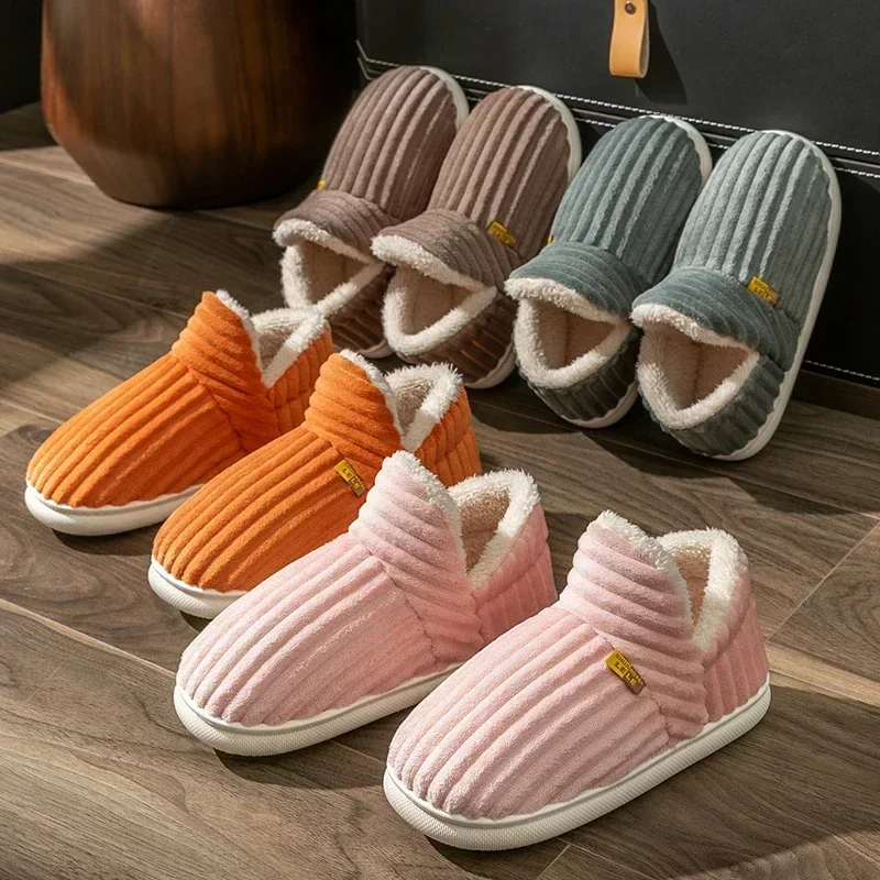 Winter Couple Style Concise Solid Color Wrap Heels Plush Slippers Non-slip Warm Flip Flops Women Men Home Casual Cotton Shoes