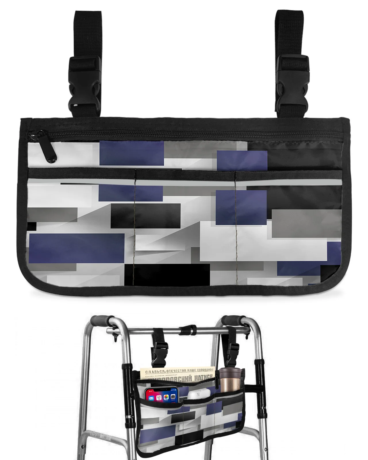 Geometric Navy Grey Black Abstract Wheelchair Bag With Pockets Armrest Side Bags Electric Scooter Walking Frame Storage Pouch