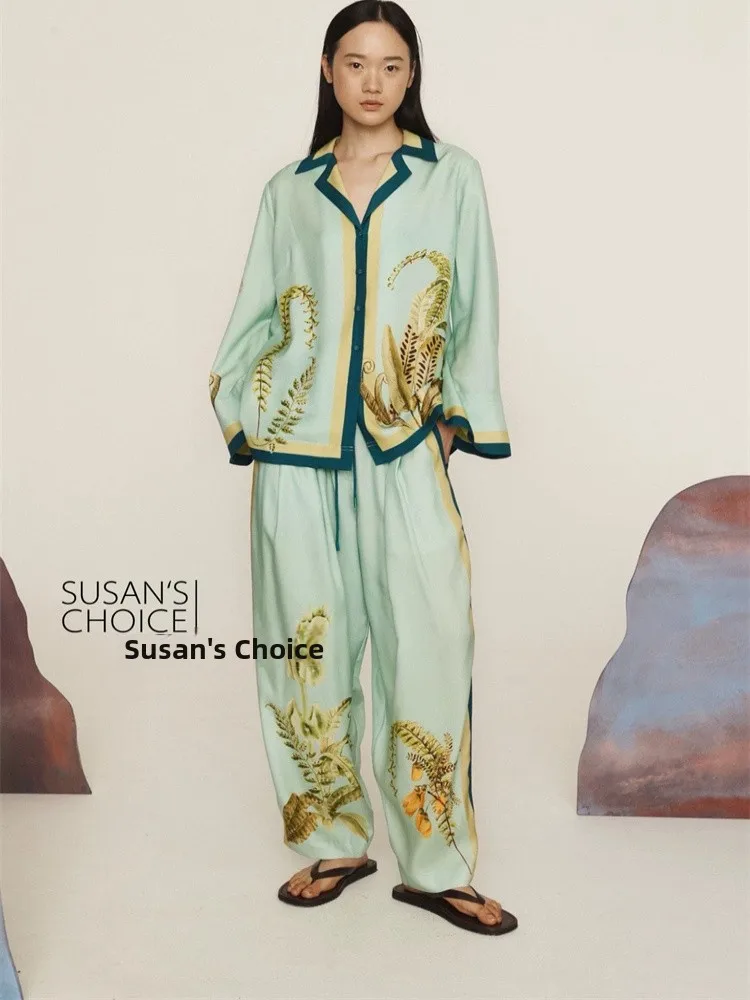 

Susan Australian Faion Silk Cotton Printed irt Wide Leg Pants Set Women's Summer ort Sve Casual Wear Ensemble