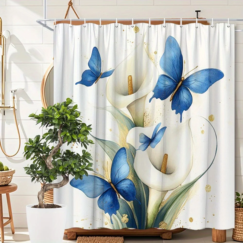 

1pc Elegant White Calla Lily & Blue Butterfly Shower Curtain with Golden Stamens - 12 Hooks, 70.8x70.8in, Polyester, Washable,
