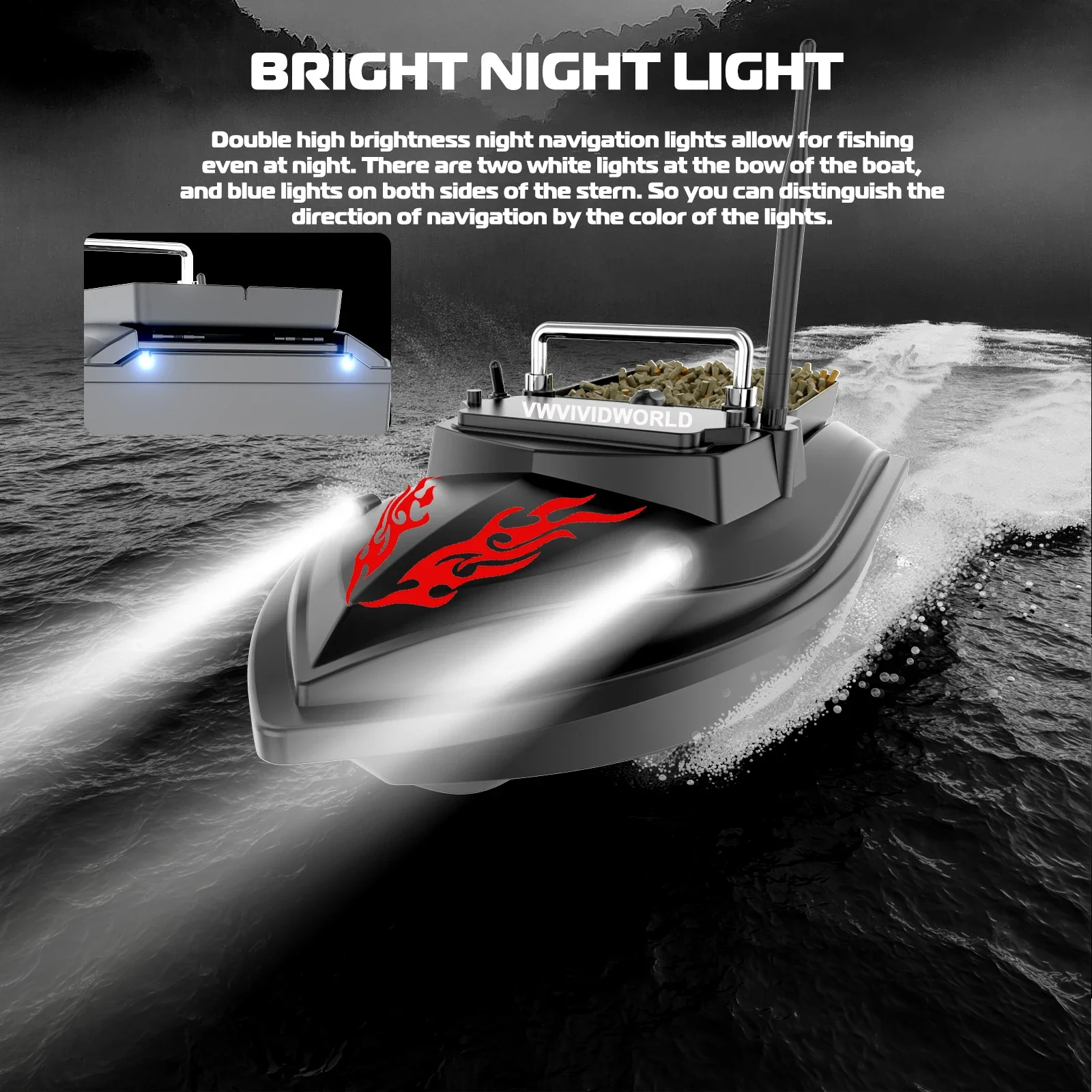 VWVIVIDWORLD Brand,2024,Remote Control,RC Fishing Bait Boat,2KG Loaded,Fixed Speed Cruise,Waterproof,High Speed,4 Night Light