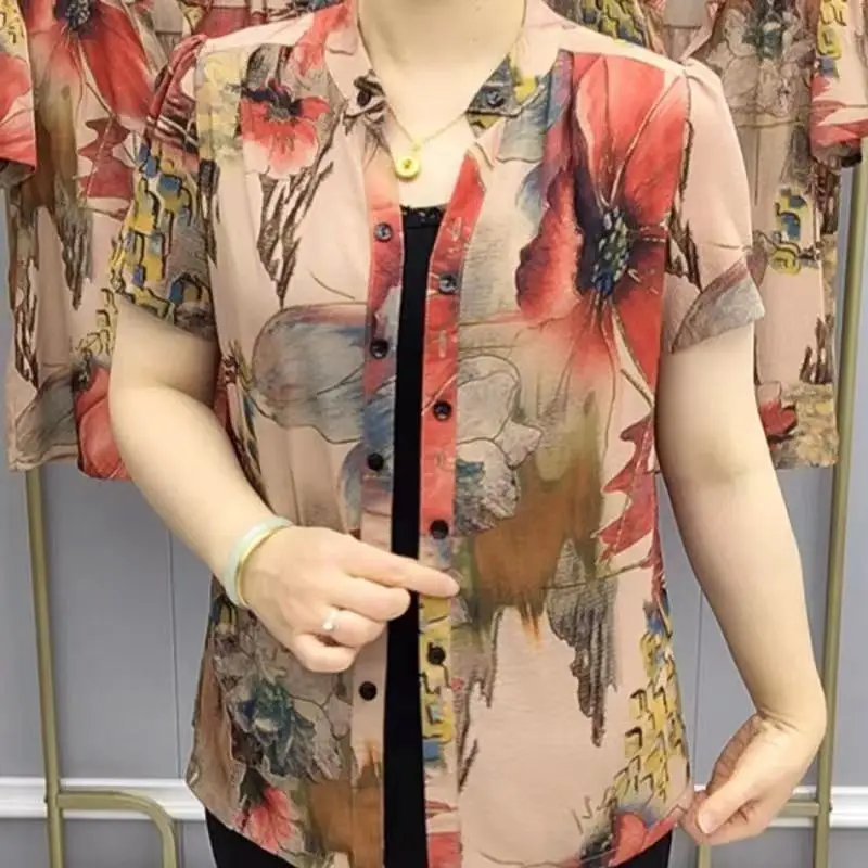 2023 Vintage Geometric Printed Blouse Floral Summer Thin Stylish Single-breasted Round Neck Female Clothing Loose Casual Shirt