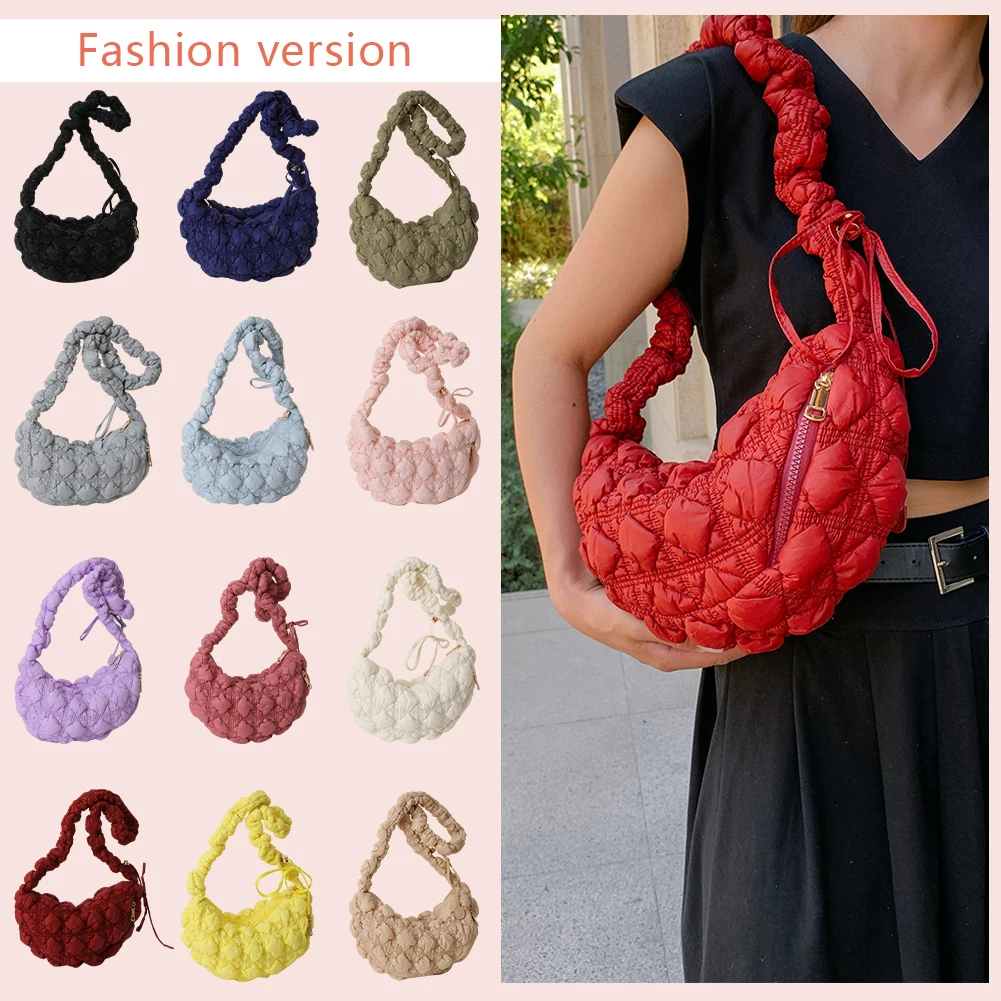 Women Shoulder Bag Nylon Quilted Crossbody Bag Soft Solid Color Drawstring Strap Adjustable Female Casual Handbag