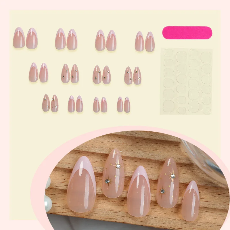 24pcs Starry Almond Simple Bare Pearl Powder Dot Diamond Press on Nails French Fake Nails Full Cover Wearable False Nails