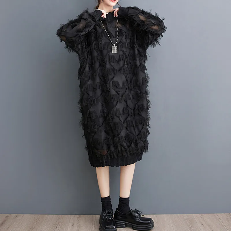 #3341 Black Irregular Midi Dress Women Tassels Loose Thin Perspective Retro Dress Ladies Stand Collar Fringe Dress Female Spring