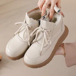 New real cow leather boots women's winter waterproof plush shoes ladies lace up flats furry ankle boots woman warm snow shoes