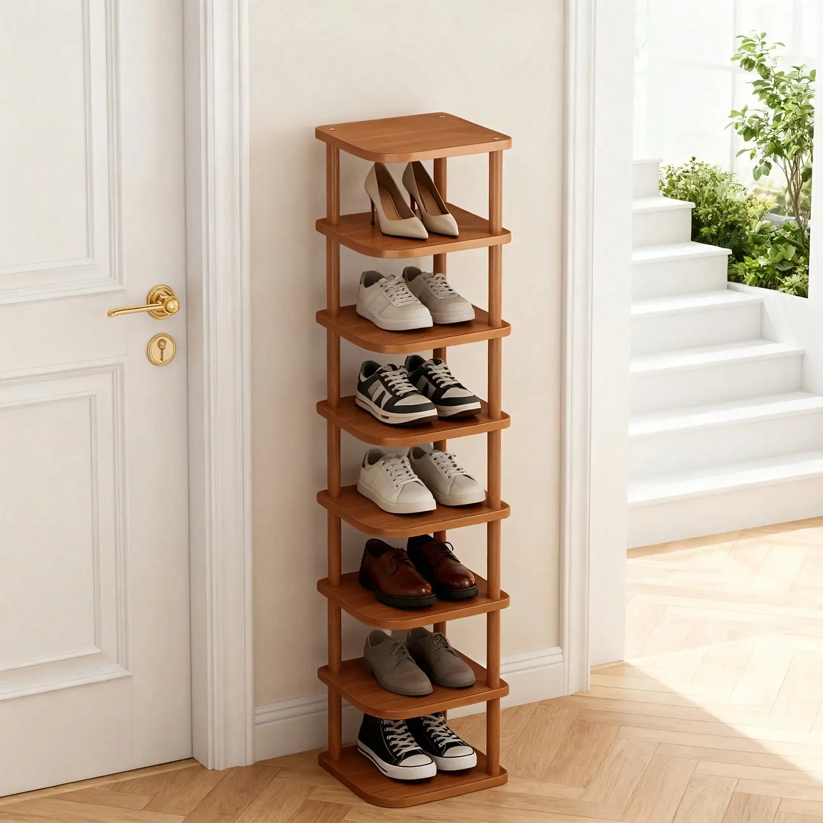 8 Layer Bamboo Vertical Shoe Rack, Easy Assembly, for Small Spaces, Entryway Corridor Bedroom Living Room, Shoe Storage