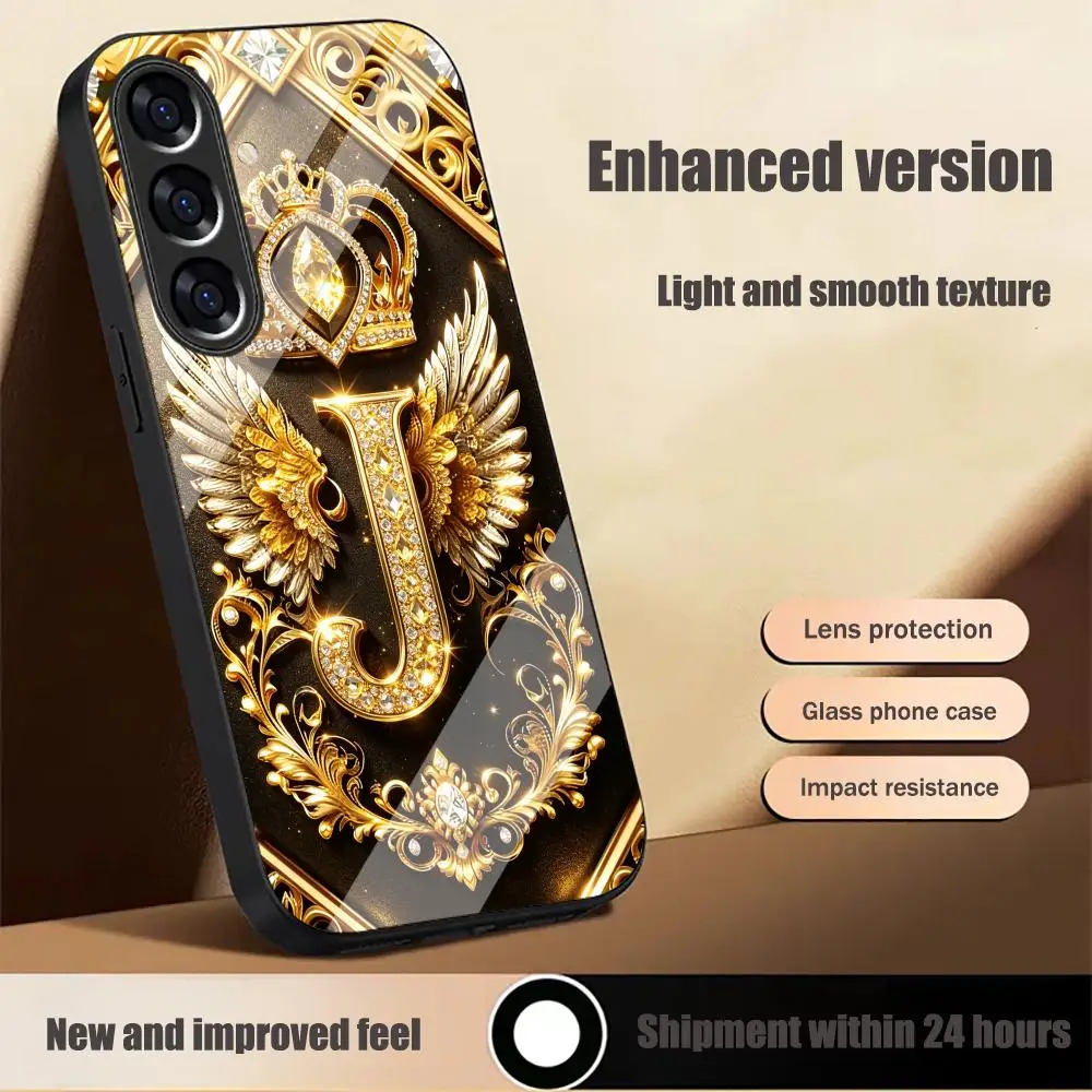 Letter J  Crown Tempered Glass Phone case for Samsung GalaxyS26 25 24 23 22 21Plus Ultra Anti-drop Anti-Scratch Hard Full Cover