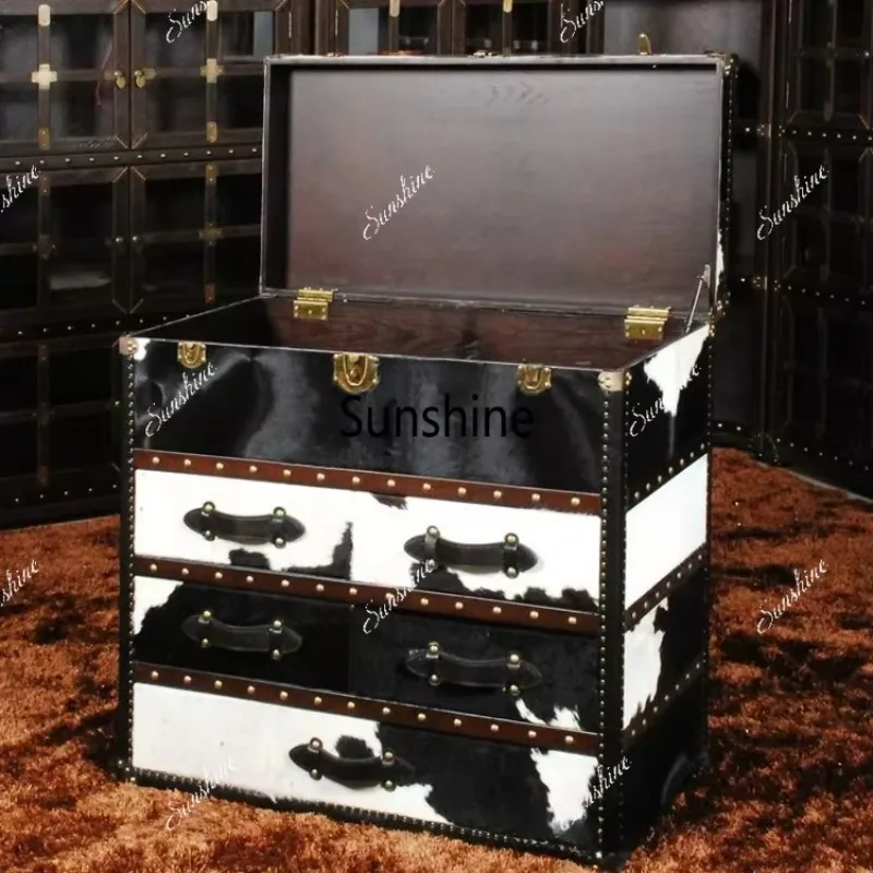 

American light luxury milk cowhide entrance cabinet, simple retro living room storage cabinet