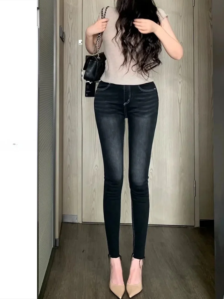 Damskie dżinsy wyszczuplające z wysokim stanem, wygodne, elastyczne, w stylu koreańskim, na jesień, codzienne dżinsy z wysokim stanem.