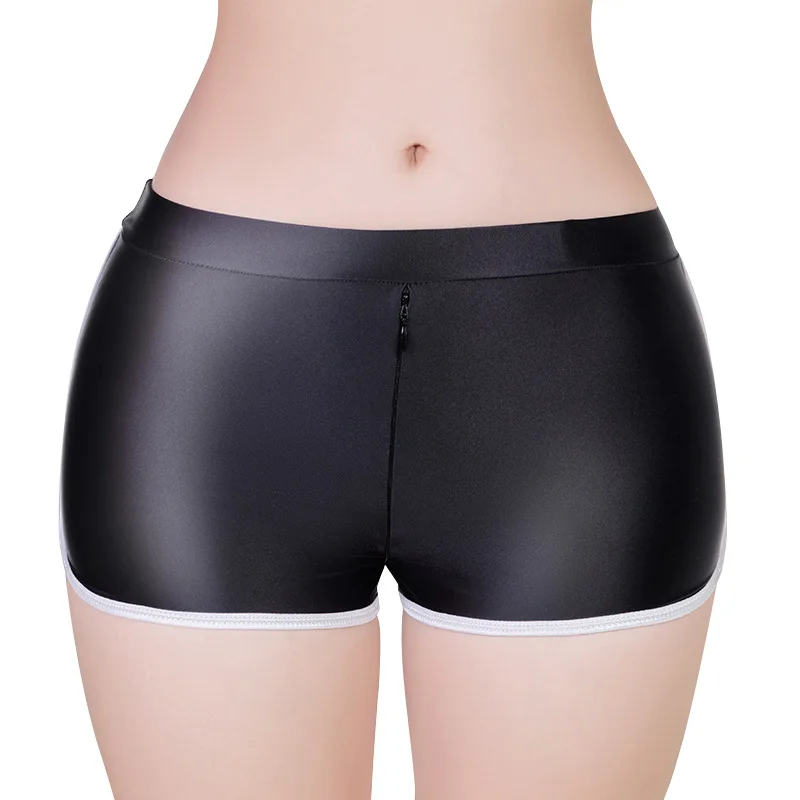 Shiny Glossy Women Boxer Zipper Open Crotch Shorts Push Up Butt High Waisted Control Tummy Sexy Casual Shorts Lift Hip Shapewear