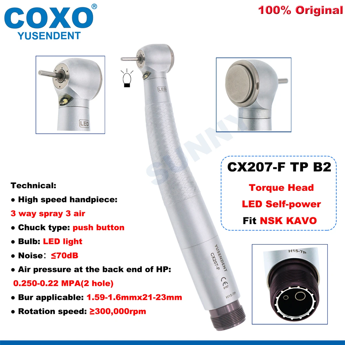 COXO Handpiece LED Dental, Handpiece kecepatan tinggi tombol Generator kepala torsi turbin udara 2/4 lubang cocok NSK KAVO