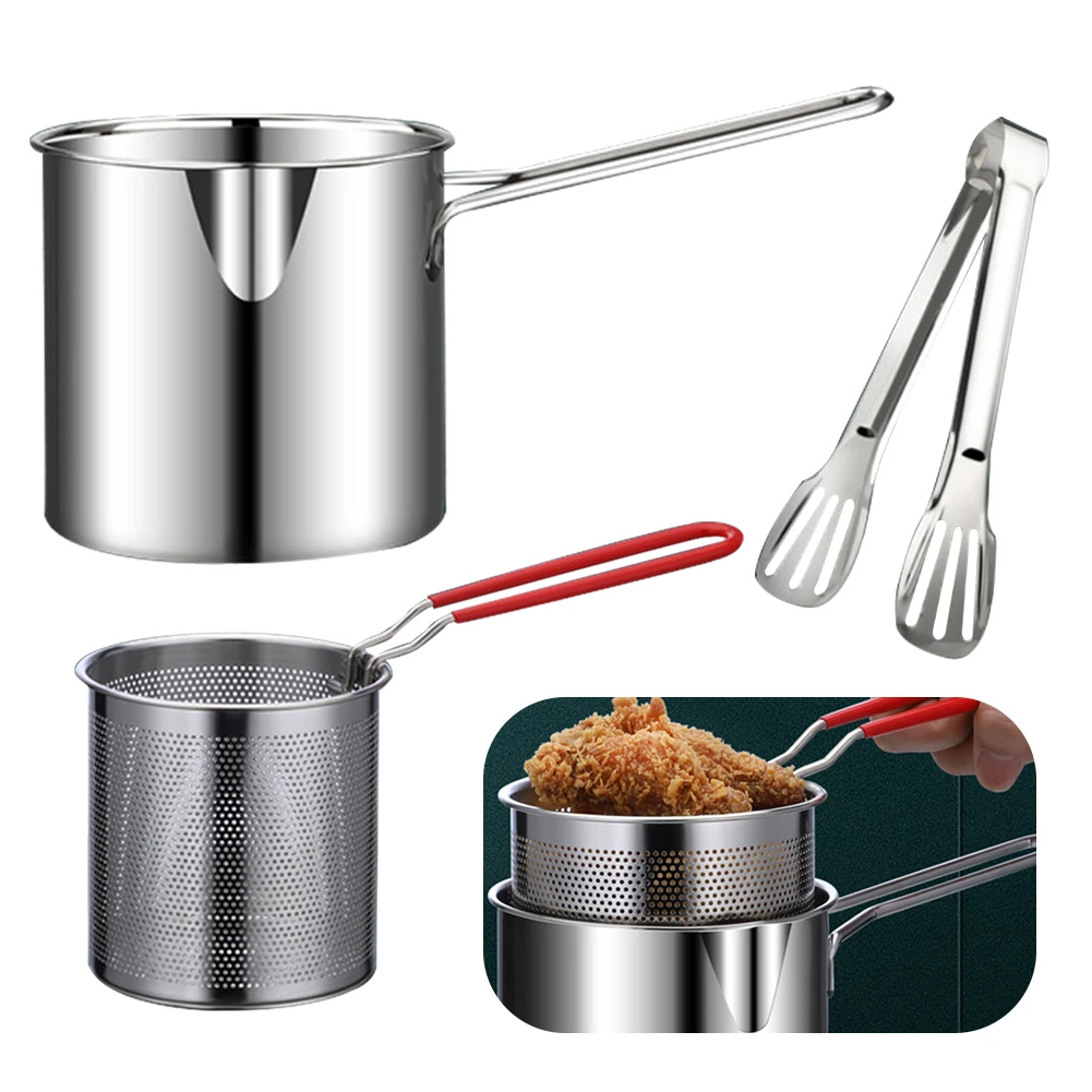 1200ML Tempura Fryer Pan with Strainer Basket Portable Cooking Pot 304 Stainless Steel for French Fries Chicken Fry