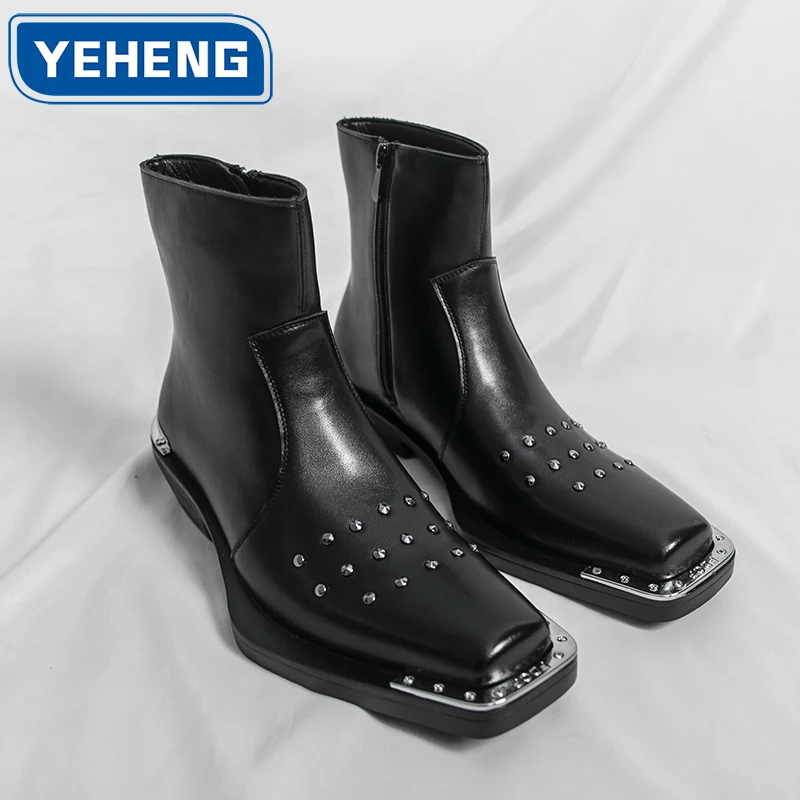 Designer Men High Top Boots PU Low Heel Trendy Square Head Rivet Decoration Outdoor Bare Boots Business Banquet Men Dress Boots