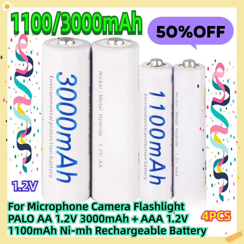 

For Microphone Camera Flashlight PALO AA 1.2V 3000mAh + AAA 1.2V 1100mAh Ni-mh Rechargeable Battery 4pcs