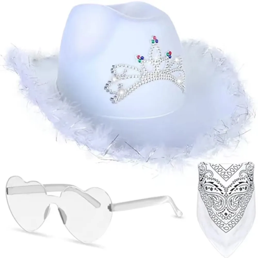 3Pcs Cowgirl Hat Set for Women Tiara with Heart Shape Sunglasses Glitter Cowboy Hat Gorras Para Hombres Шапка Женская Sombrero