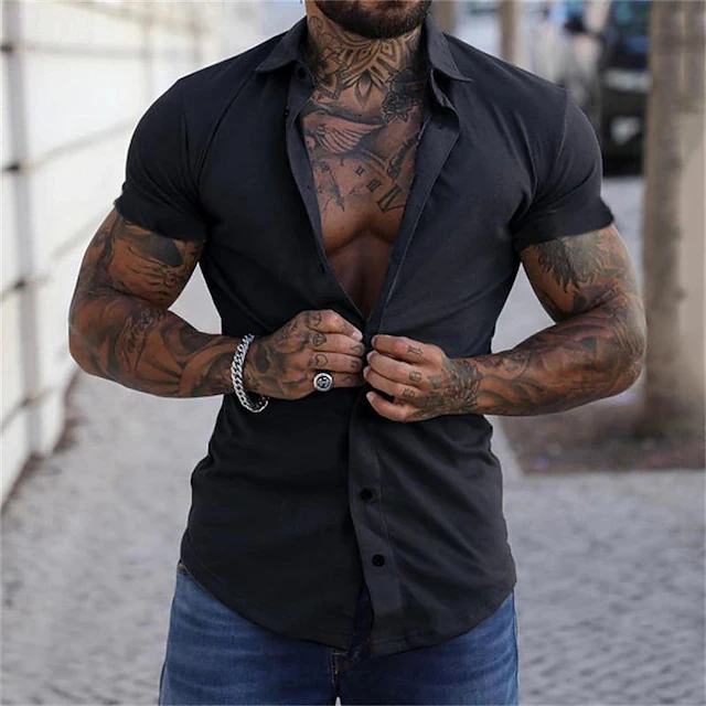 

2026 New Summer Men Minimalist Casual Solid Color Short Sleeve Button Down Shirts Fashion Tops Street Muscle Blouses For Daily